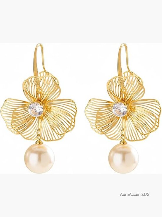 Jewelry - 18k Gold Plated Flower Dangle Drop Earrings Trendy Lightweight Floral Jewelry